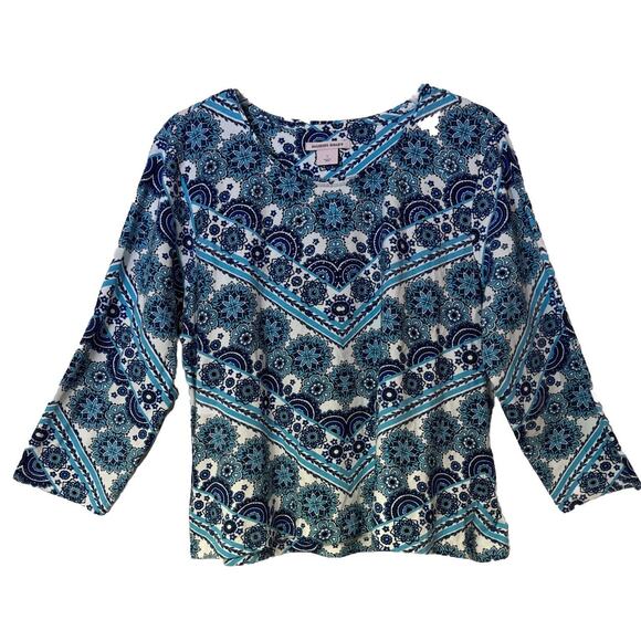 Allison Daley T-Shirts Women’s Floral Embellished Blue White 3/4 Sleeve Sz L - Picture 1 of 9
